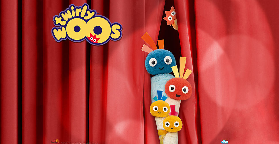 colourful characters peek between the curtains. Twirlywoos logo