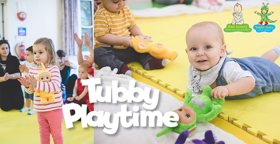 collage of babies playing with colourful plush toys with text "Tubby Playtime"
