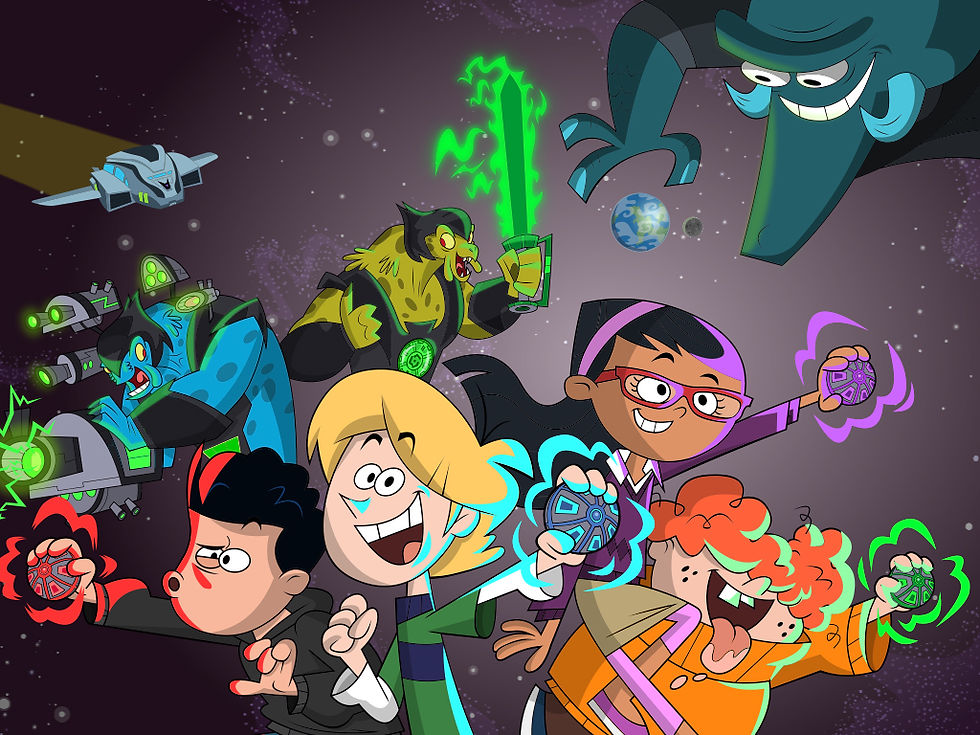 group of kids a holding glowing orbs in front of aliens