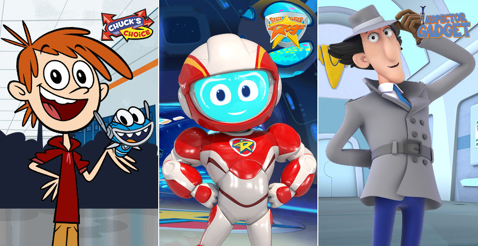 3 animated characters, a boy, a robot and a man in a trenchcoat.