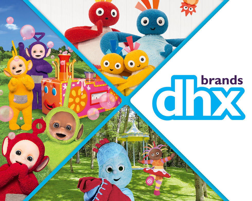 collage of fuzzy, colourful characters and a DHX Brands logo