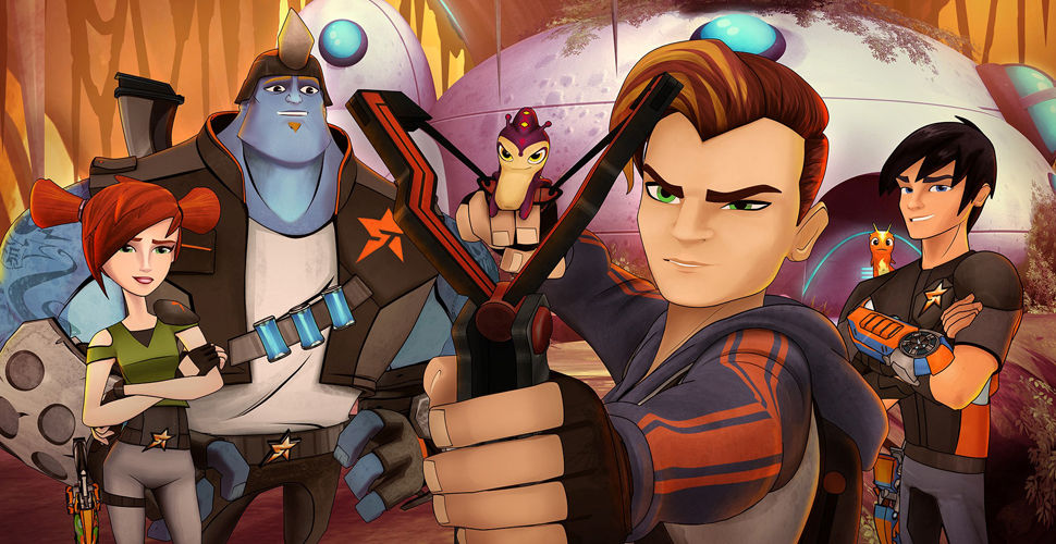 a man holds a slug in a slingshot in front of a group - a woman, man and giant blue cave troll