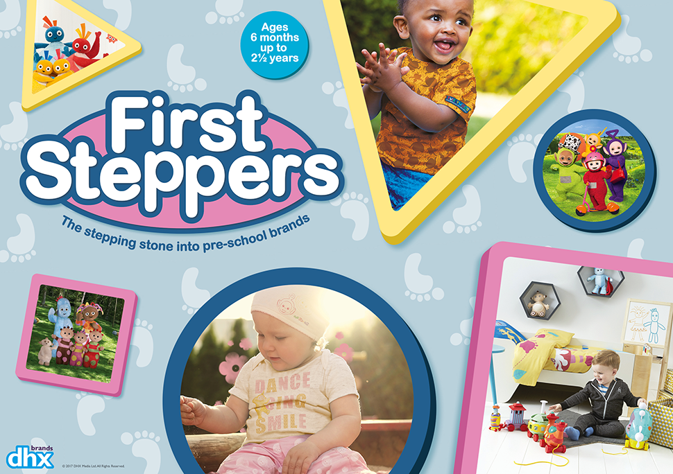 collage of baby photos and colourful characters. First Steppes logo