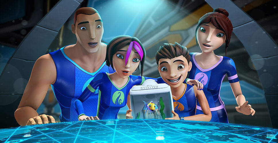 a family in blue wetsuits looking at a map