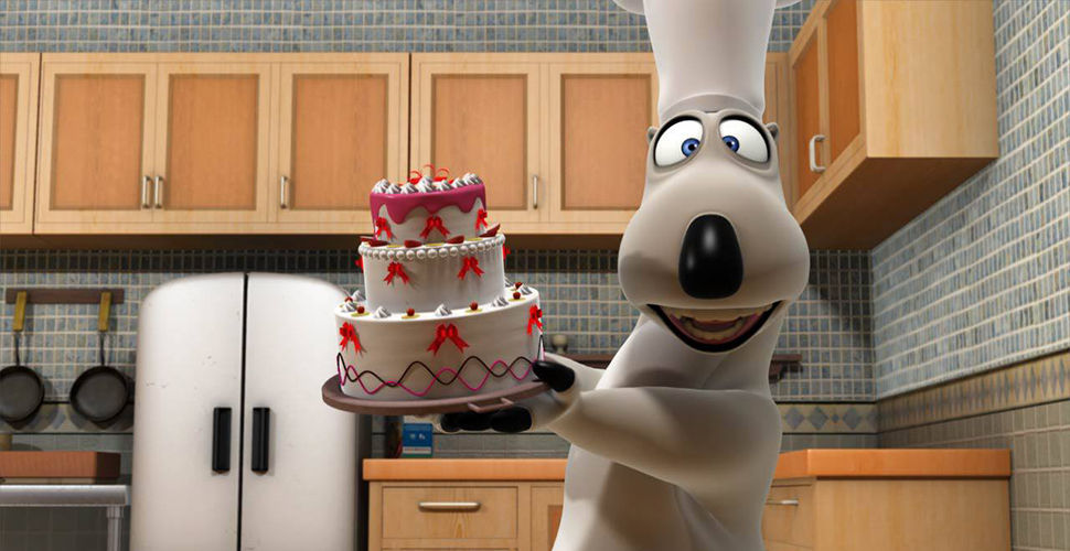 a polar bear wearing a chef's hat and holding a cake in a kitchen