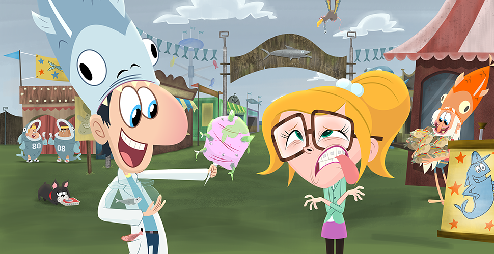 a girl makes a yucky face at a man wearing a fish on his head and holding fishy cotton candy