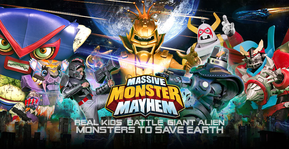 a group of monsters in front of planet Earth in space. Massive Monster Mayhem logo. text "Real kids battle giant alien monsters to save Earth."
