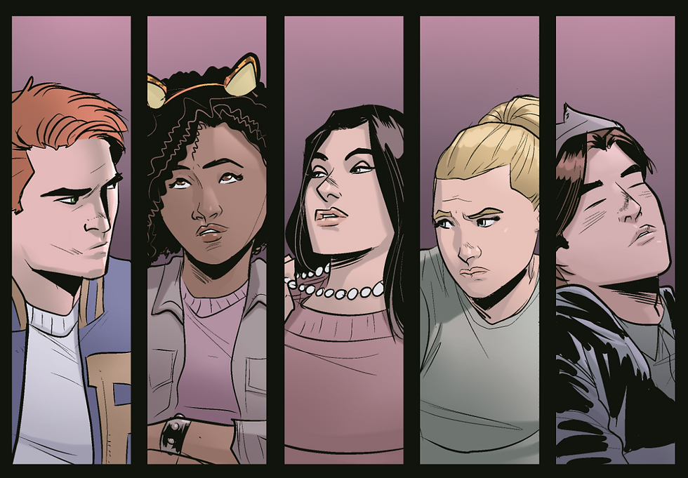 collage of comic characters: 2 boys and 3 girls