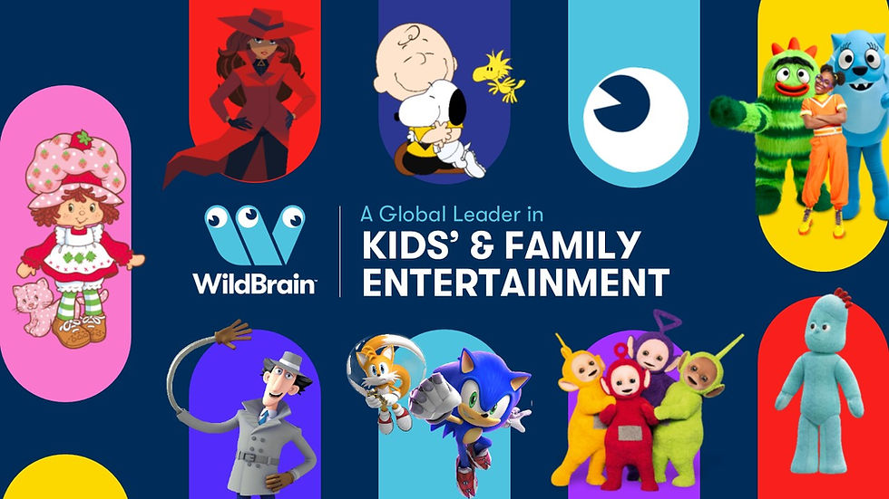 Collage of animated characters and WildBrain logo with words 'a global leader in kids' and family entertainment'